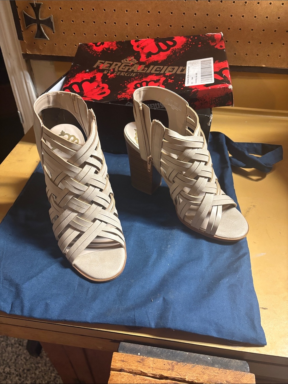 Fergalicious Beige Woven Strappy Block Heel Sandals